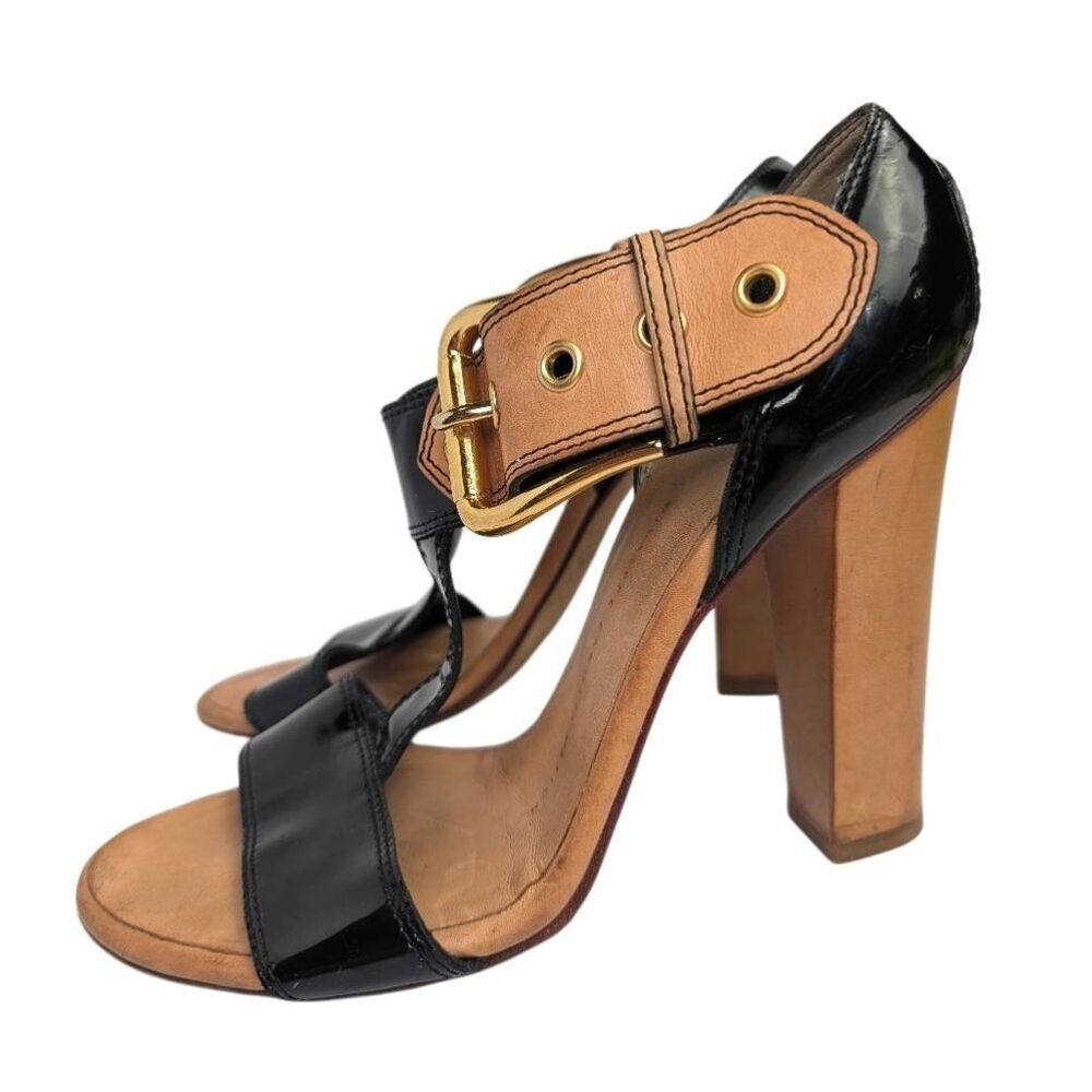 Vintage Giuseppe Zanotti Big Buckle Black & Tan Leather Heels Womens 36 EU 6 US